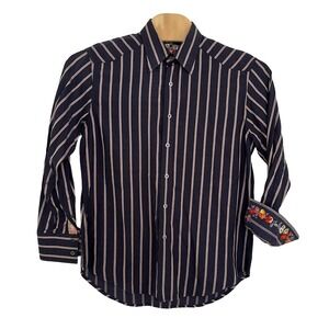 Robert Graham Button Down Shirt Mens L Navy Blue Good Striped Floral Embroidery